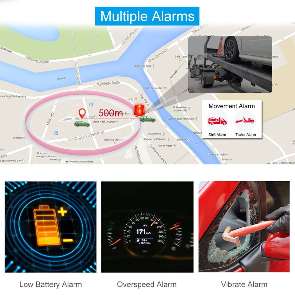 Illustration of GPS tracker alerts on a map and in a vehicle
