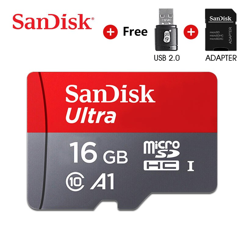 16 GB SanDisk Ultra microSD card with SD and USB adapters