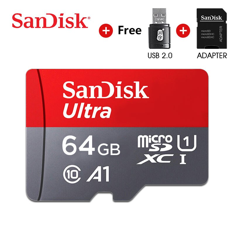 64 GB SanDisk Ultra microSD card with SD and USB adapters