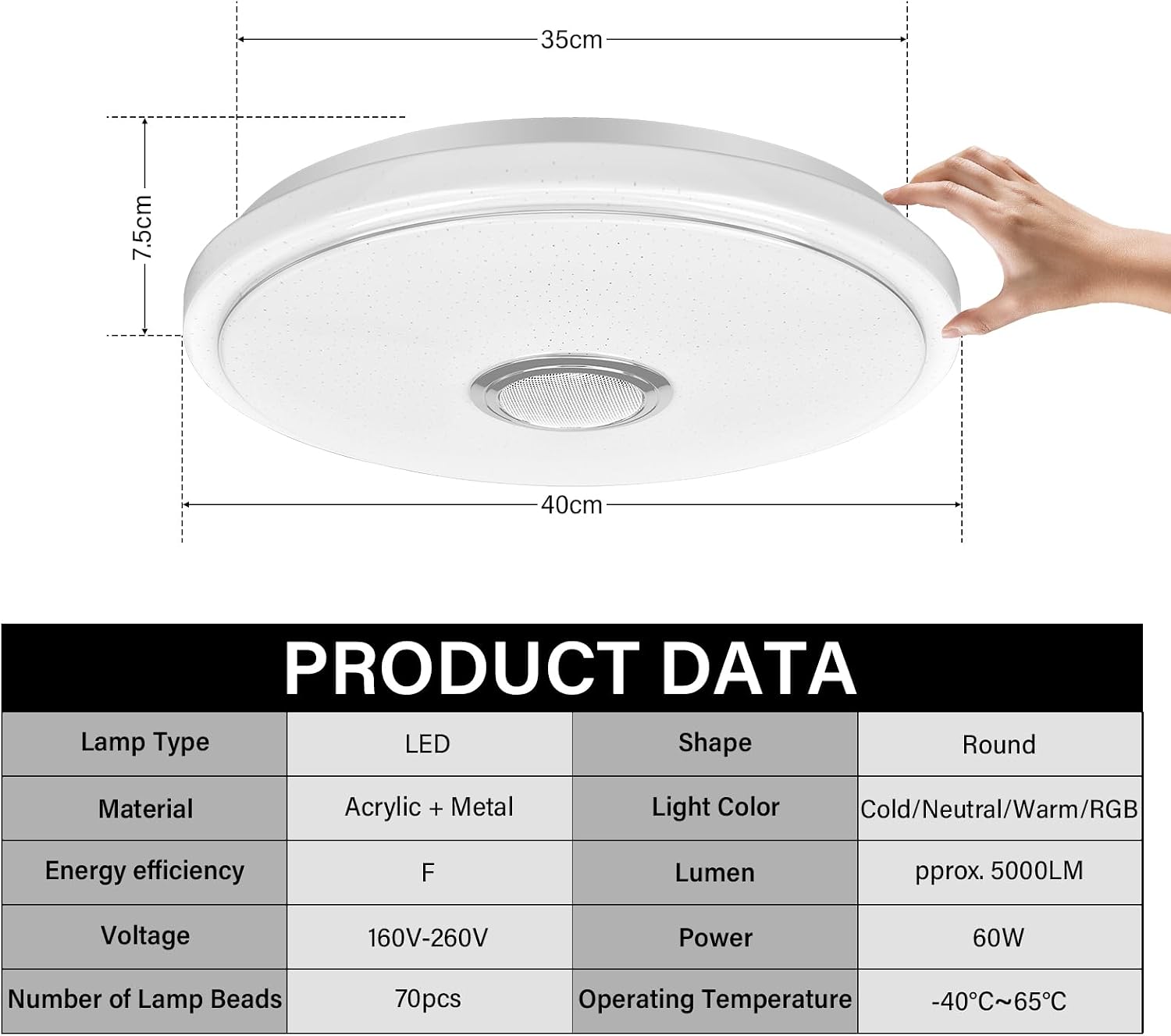 Ceiling light dimensions: 40 cm diameter and 7.5 cm height