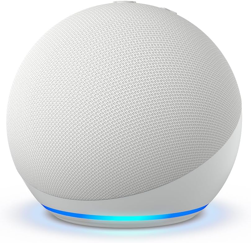 White Echo Dot with blue light ring and fabric grille