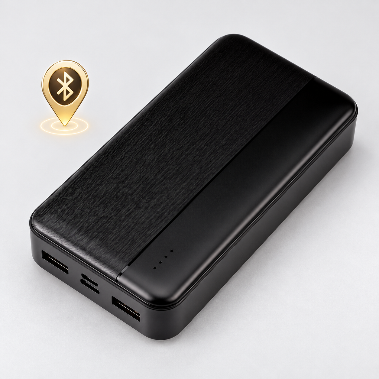 Close-up of the casing and ports of the black Bluetooth tracker power bank