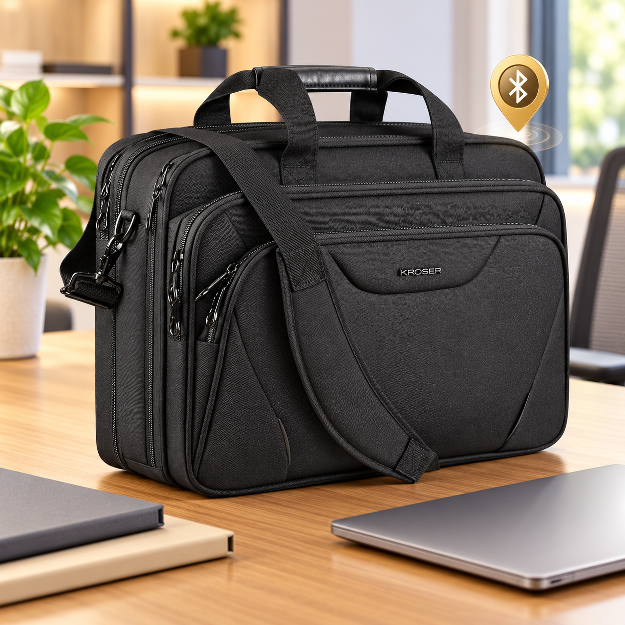 Bluetooth tracker briefcase on a desk with documents and a laptop