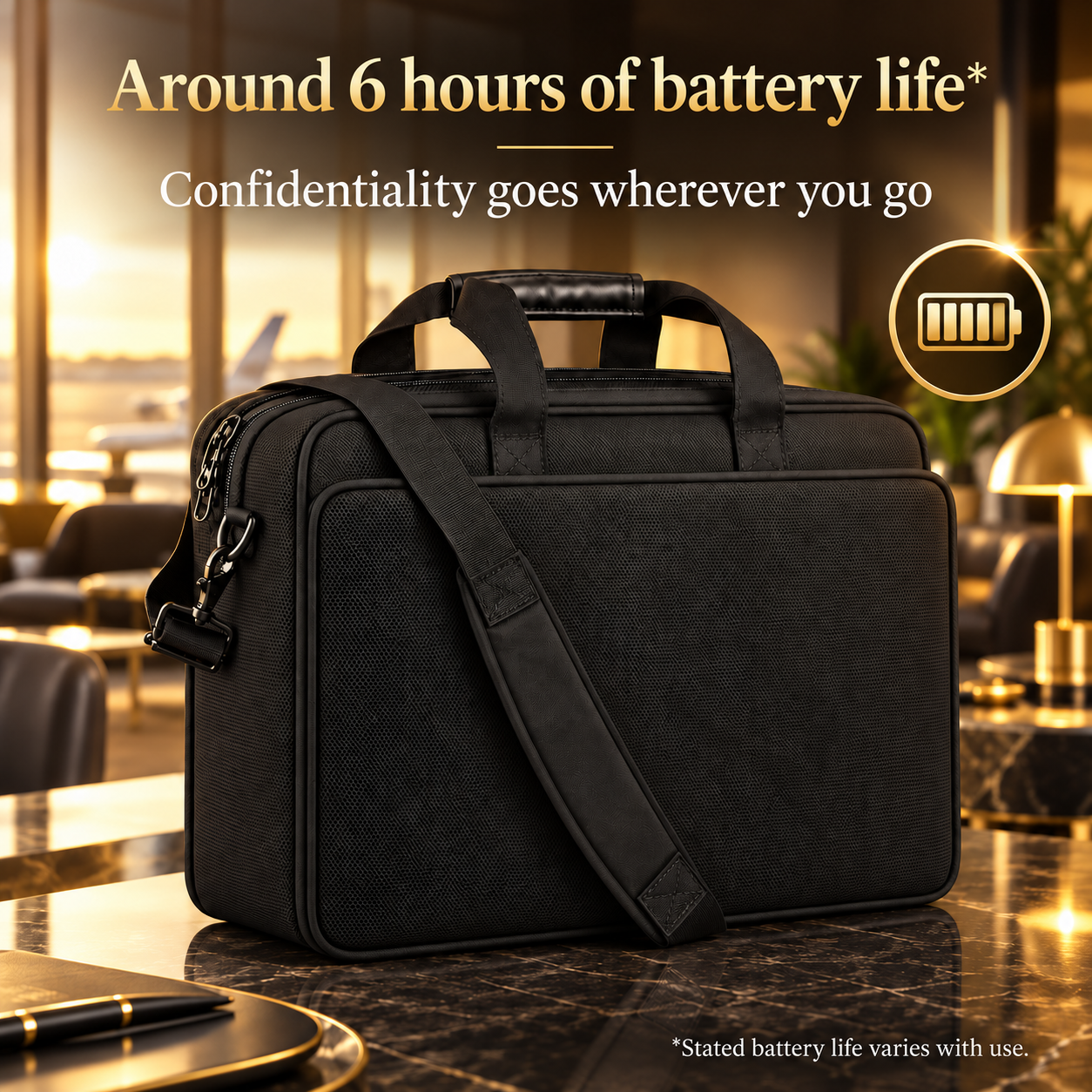 ANGEL EXECUTIVE ultrasonic briefcase in a business lounge with around 6 hours of stated battery life
