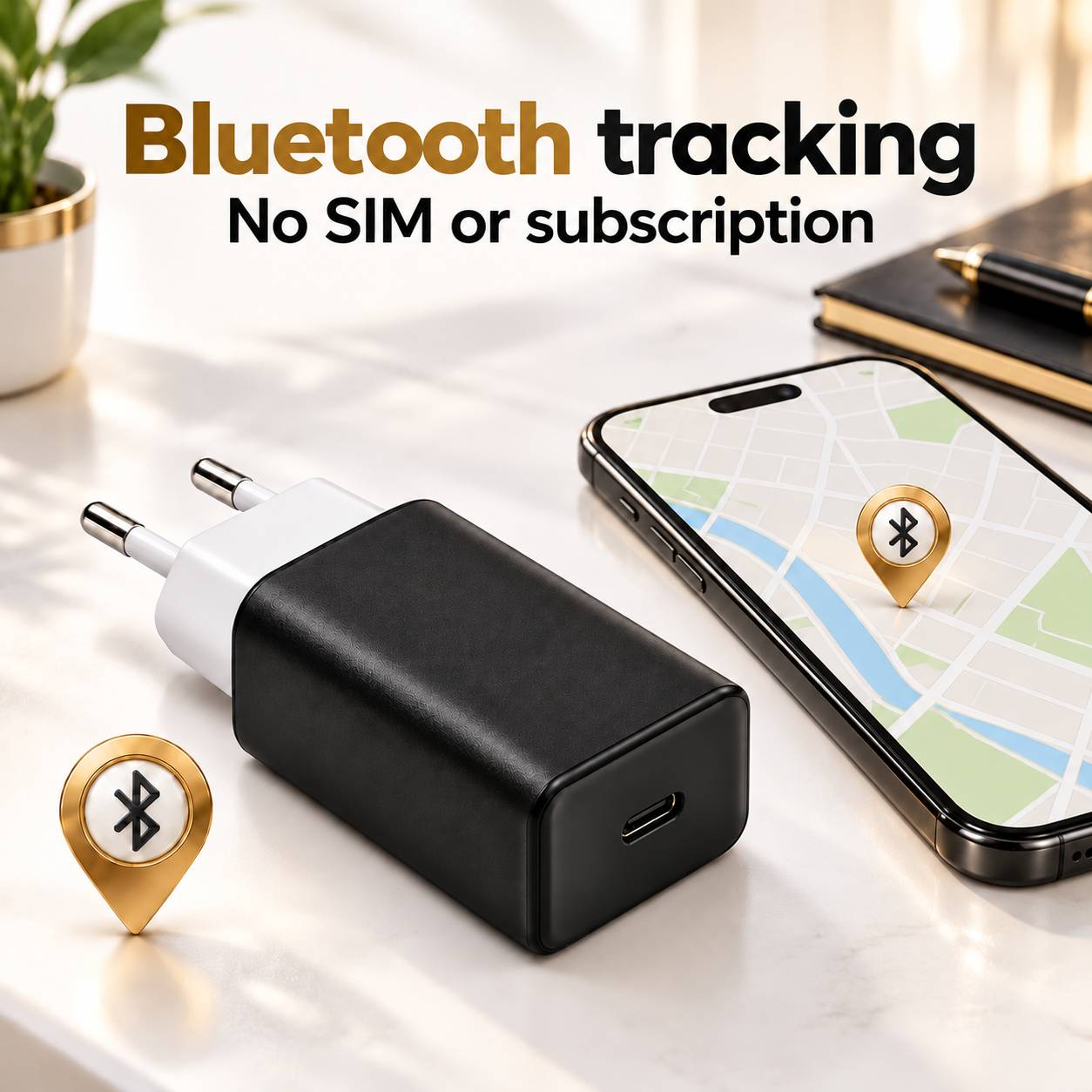 Bluetooth tracker charger beside a smartphone with a map, no SIM or subscription