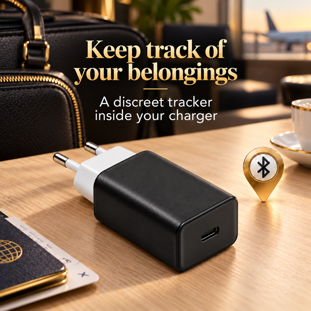 USB-C charger with a concealed Bluetooth tracker beside a travel bag