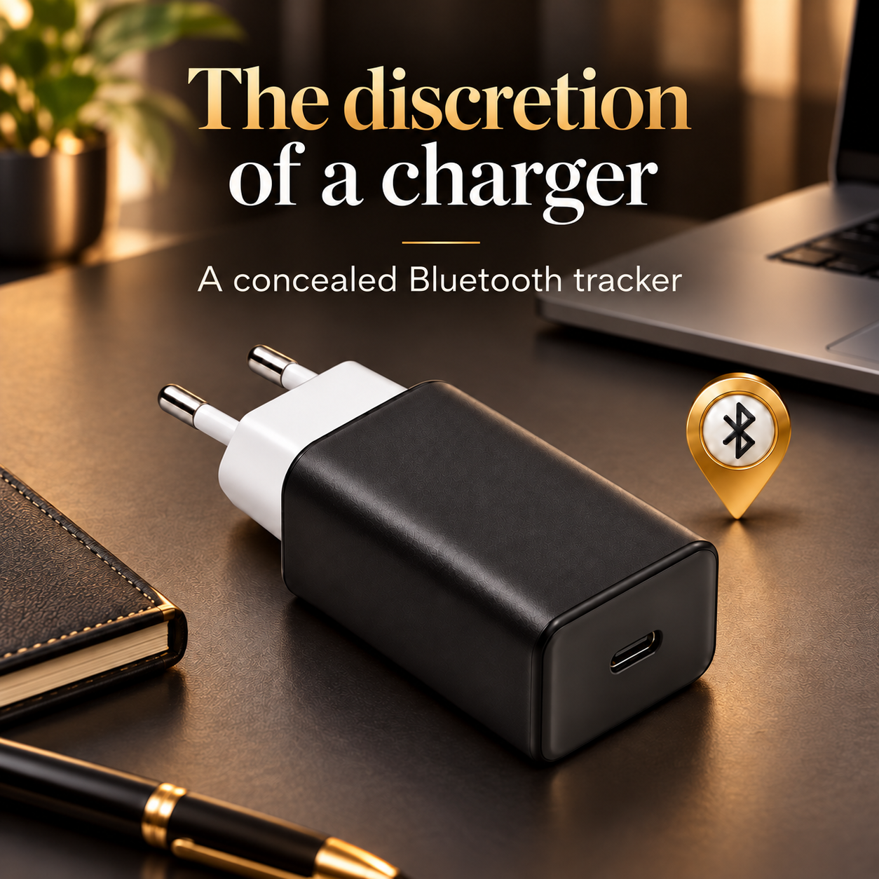 Black charger with a hidden Bluetooth tracker on a desk