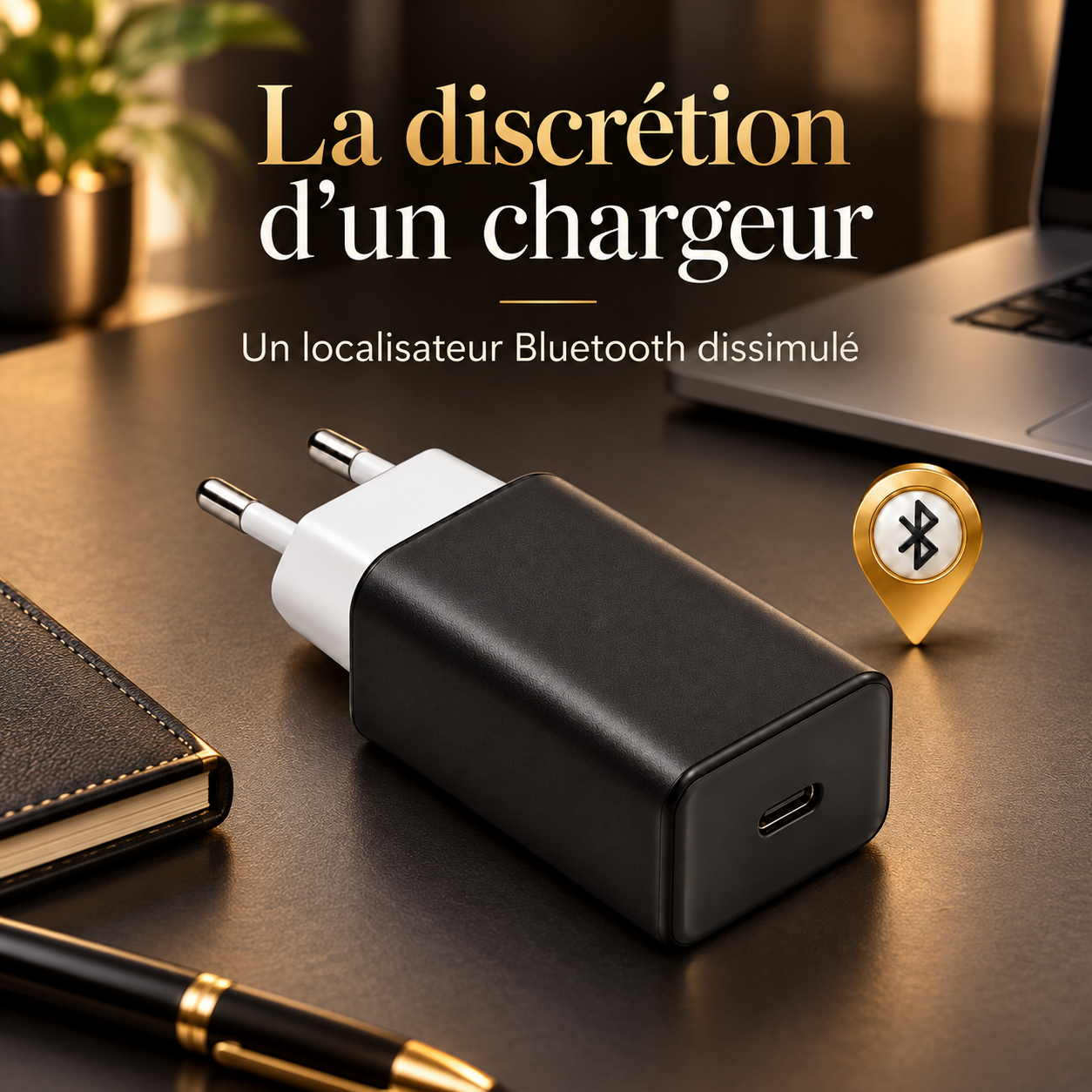 Black charger with a concealed Bluetooth tracker on a desk