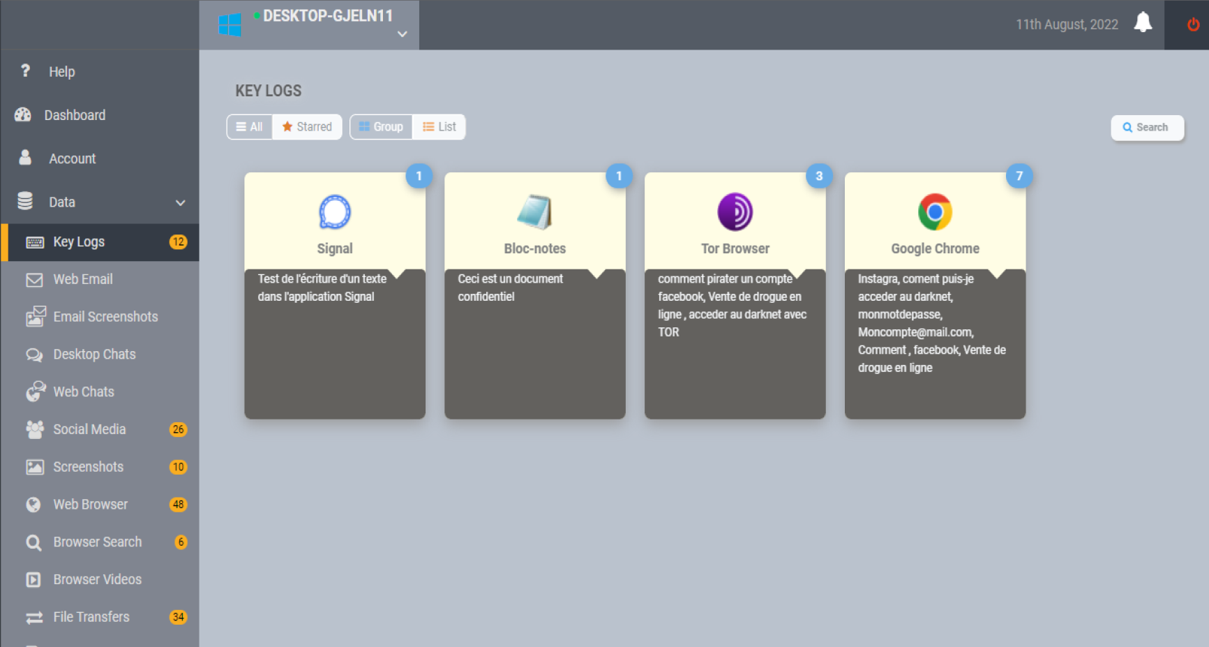 Capture du clavier Keylogger - Logiciel espion