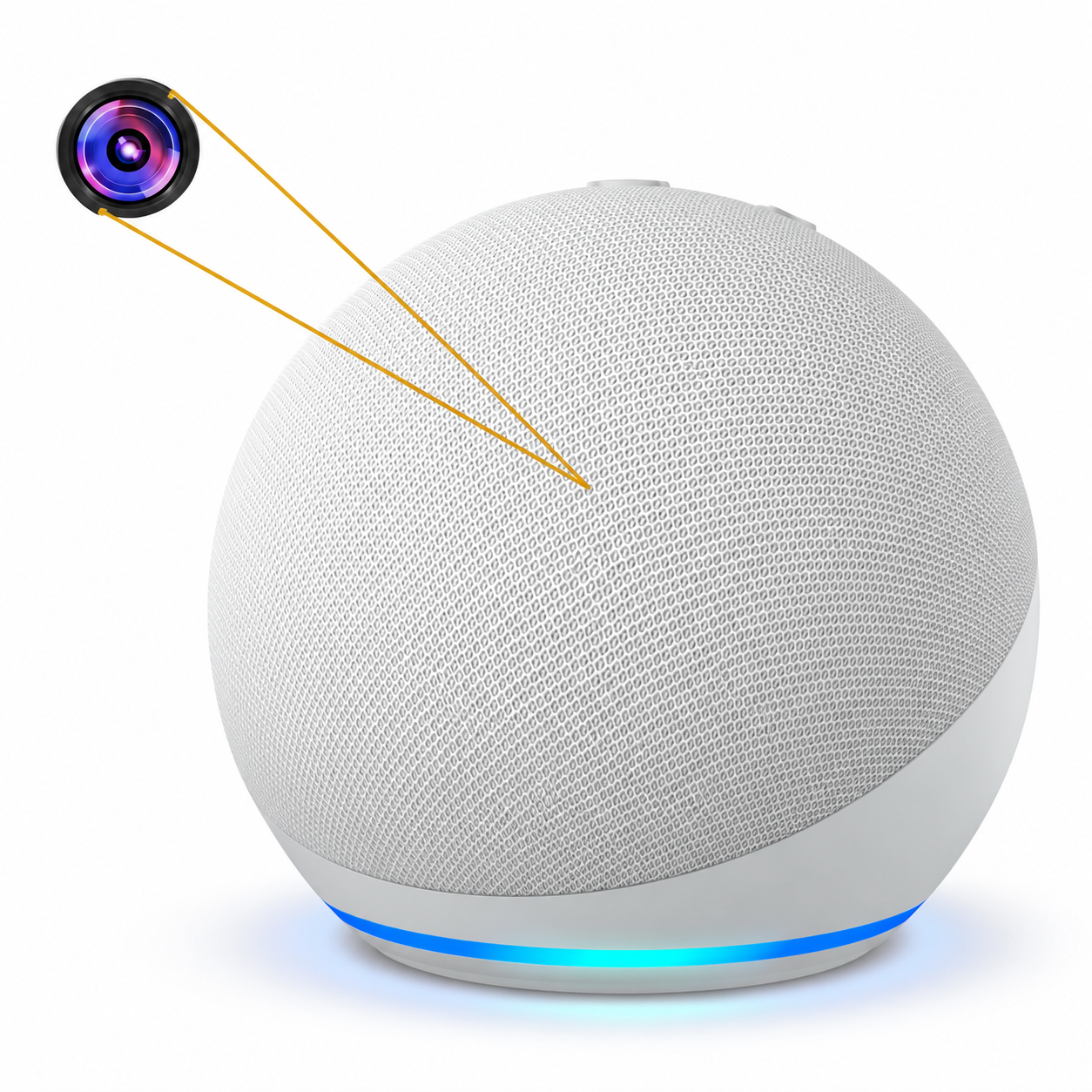 Illustration of a camera integrated into a white speaker, with the lens location highlighted