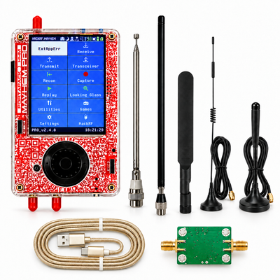 Red HackRF Pro with PortaPack H4M Pro, five antennas, USB cable and RF amplifier