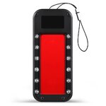 Front view of the black optical spy camera detector with red window and wrist strap