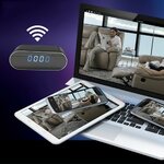 Illustration of remote alarm clock spy camera viewing on a computer and tablet