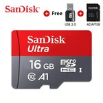 16 GB SanDisk Ultra microSD card with SD and USB adapters