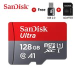 128 GB SanDisk Ultra microSD card with SD and USB adapters