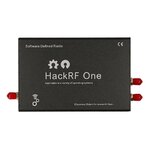 Black HackRF One enclosure with markings and coaxial connectors