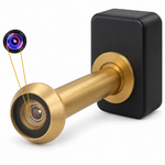Door peephole camera with black housing on the inside of the door