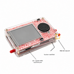 Angled view of red PortaPack H4M Pro showing GPIO port, speaker opening and lanyard hole