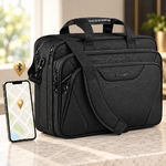 Briefcase with a hidden Bluetooth tracker beside a smartphone displaying a map