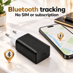 Bluetooth tracker charger beside a smartphone with a map, no SIM or subscription