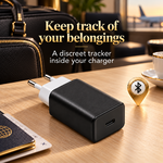USB-C charger with a concealed Bluetooth tracker beside a travel bag