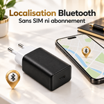 Bluetooth tracker charger beside a smartphone displaying a map, without SIM or subscription