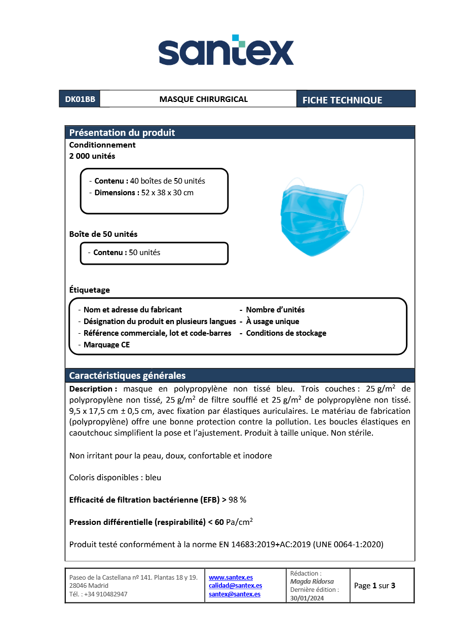 fiche technqiue masque chirurgical
