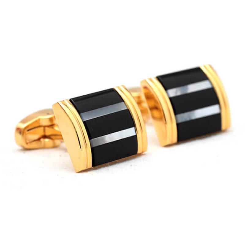 Boutons-de-manchette-rectangle-dorée-avec-bandes-noires-et-nacrées-2