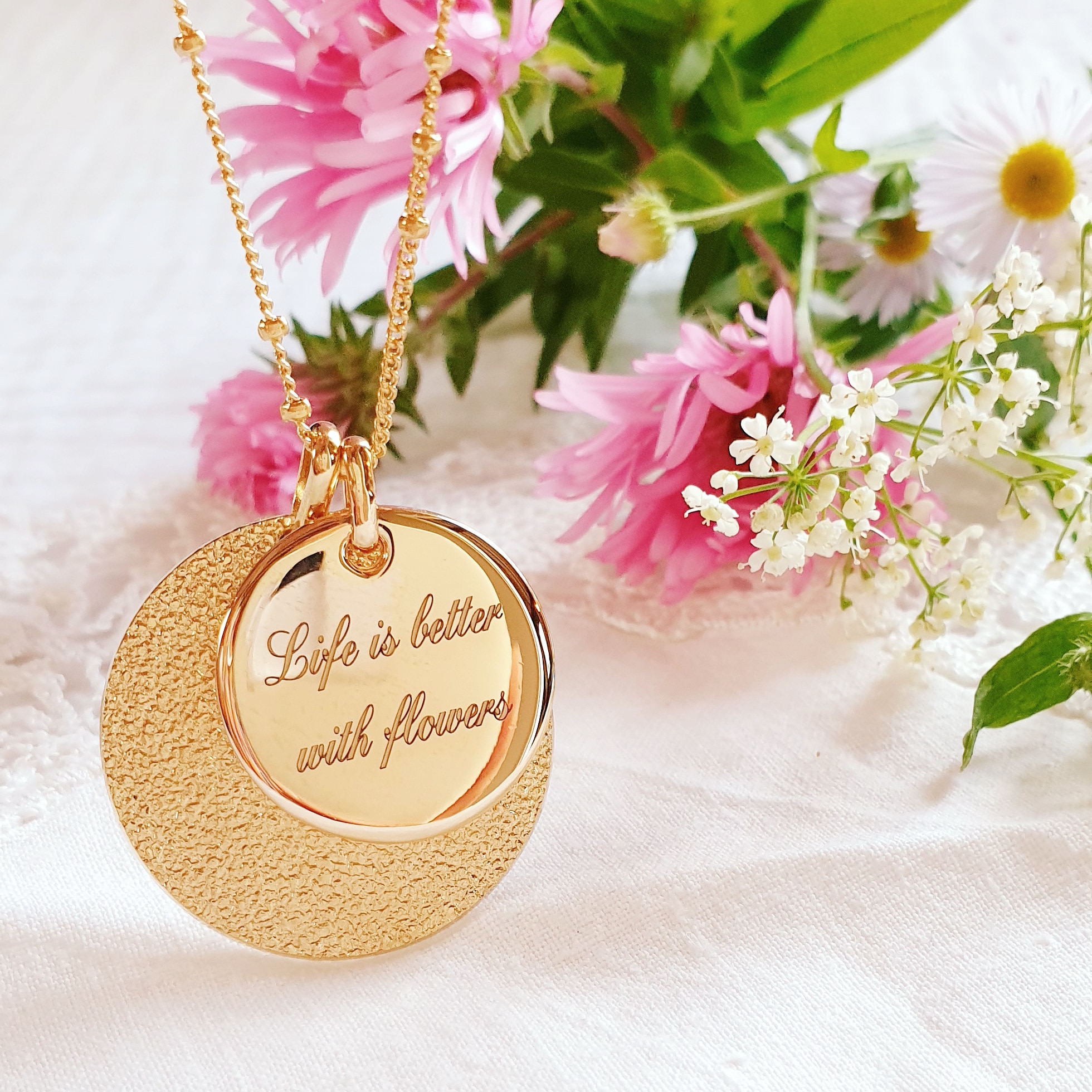 collier personnalise message life flowers scintillante