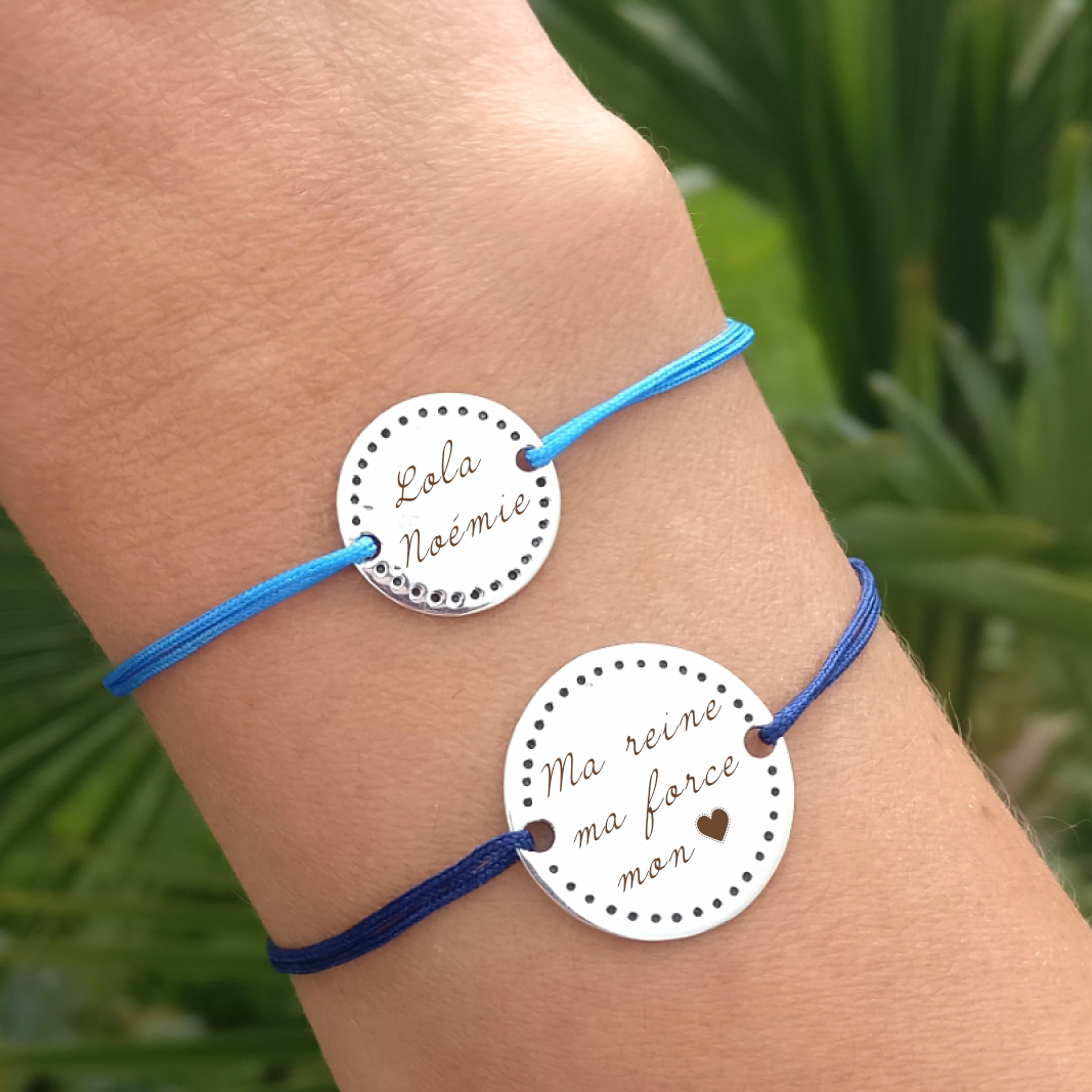 bracelet cordon personnalise argent maman medaille points