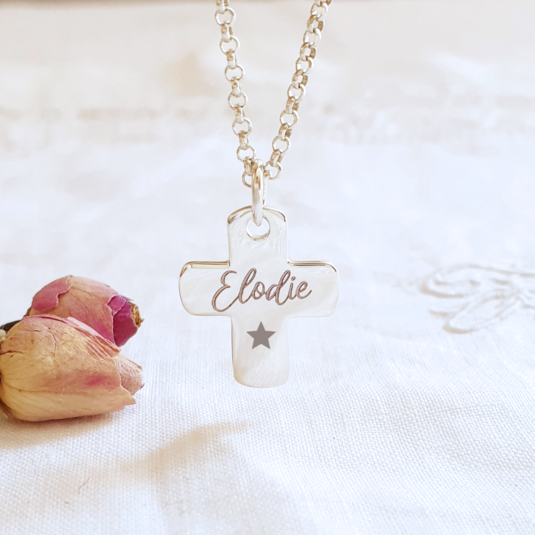 pendentif croix argent personnalise bapteme communion