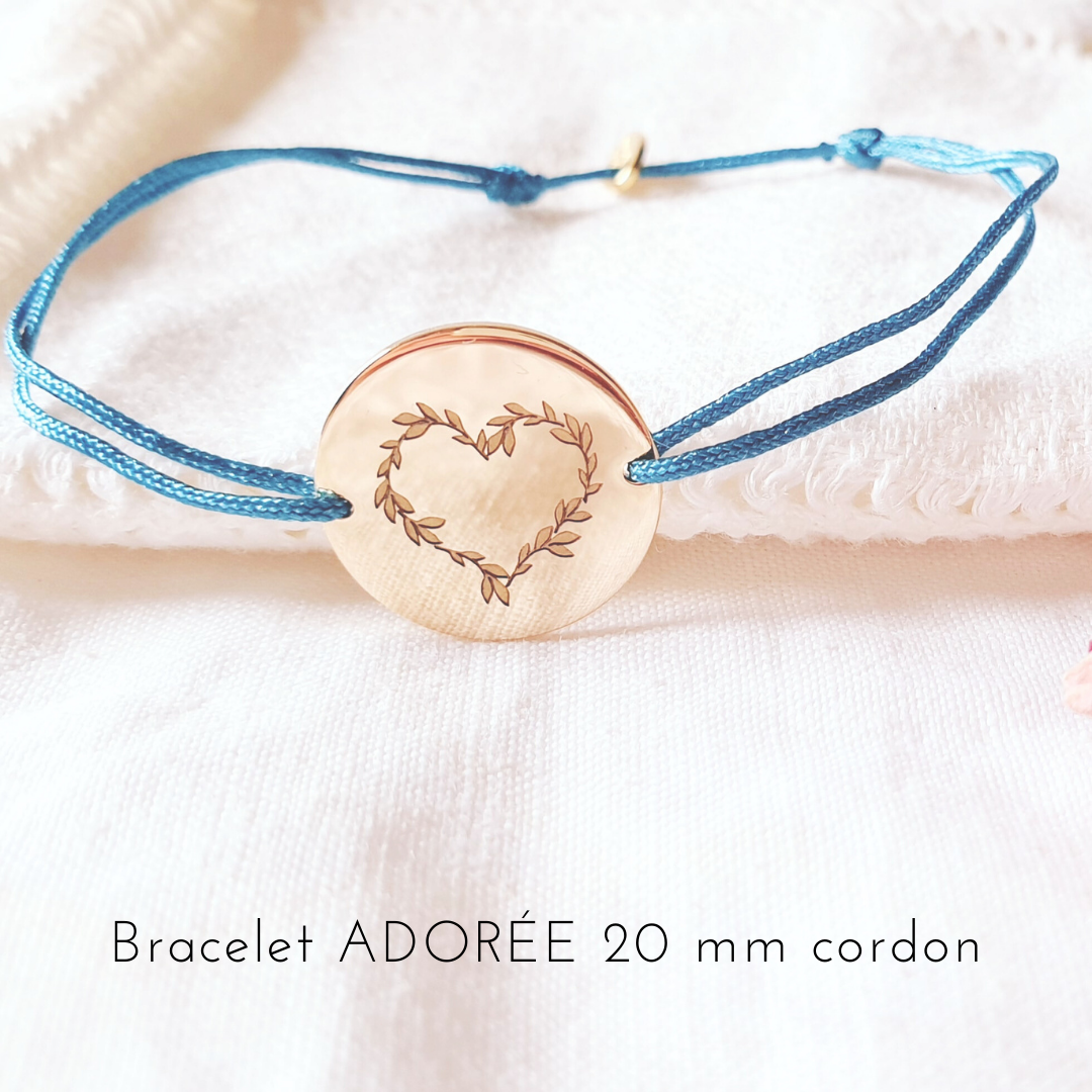 bracelet cordon femme grave coeur feuillage
