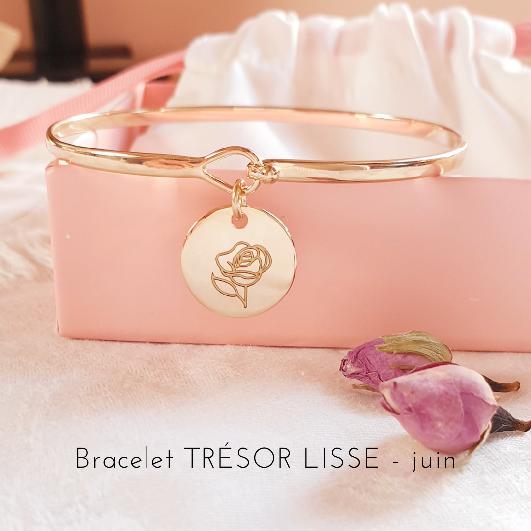 bracelet jonc fleur de naissance rose juin