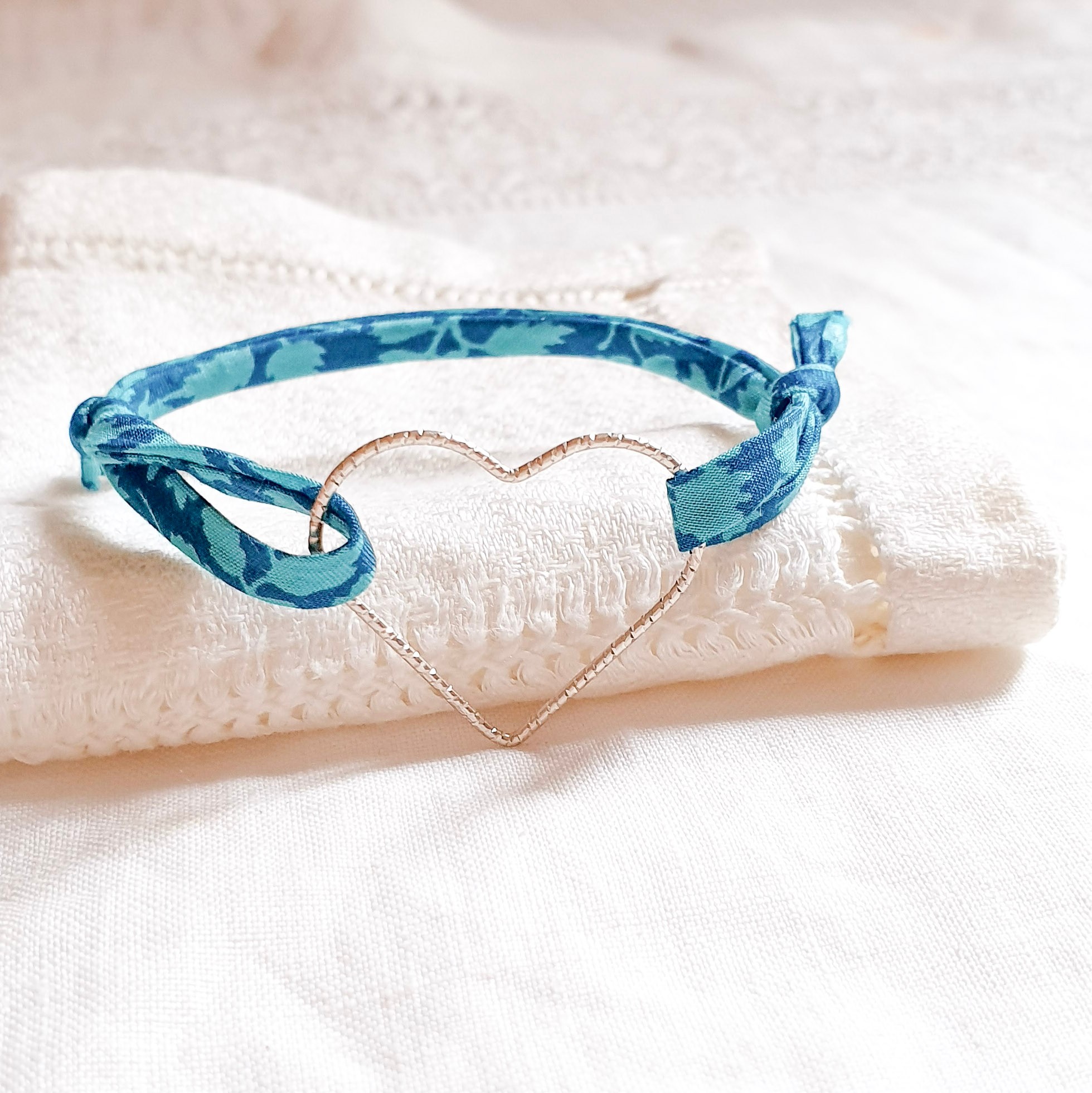 bracelet coeur argent lien tissu liberty