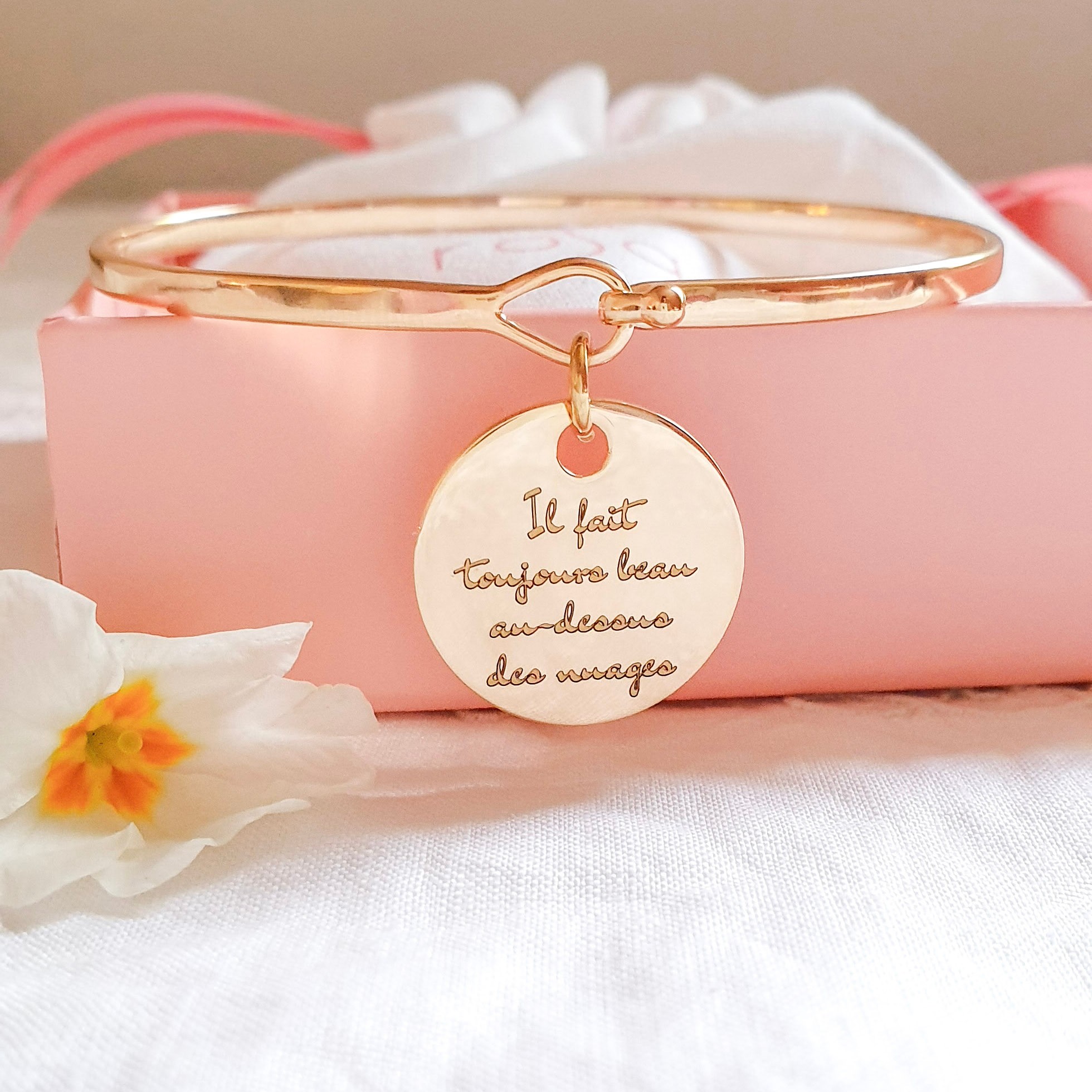 Bracelet jonc personnalisé médaille plate or argent TRÉSOR LISSE