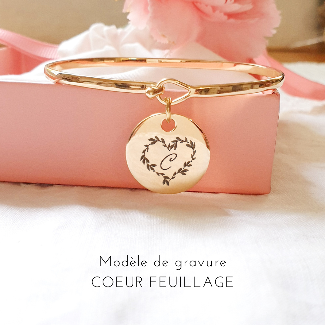 bracelet initiale jonc personnalise coeur feuille