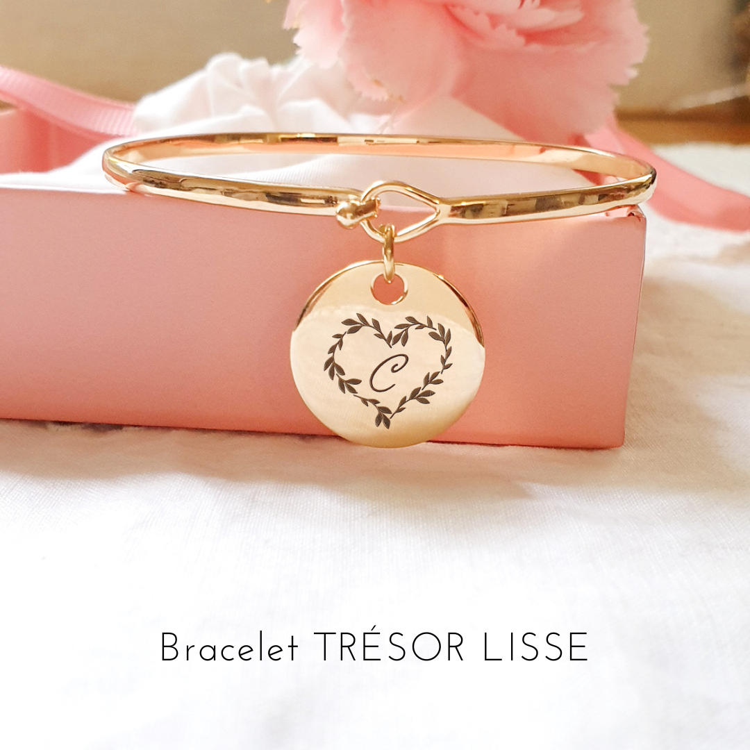 bracelet initiale coeur feuille jonc or