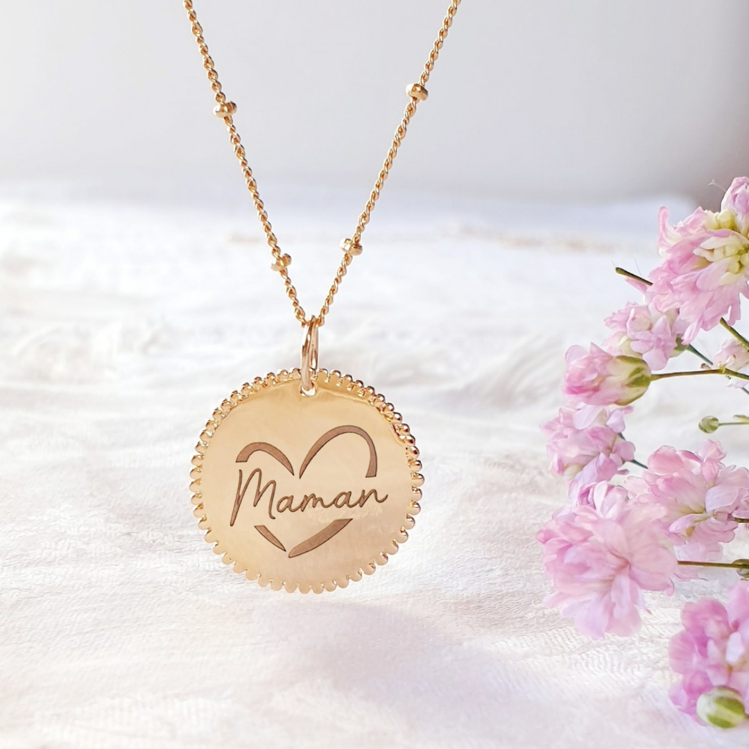 MAMAN médaille gravée personnalisable au verso et chaine au choix