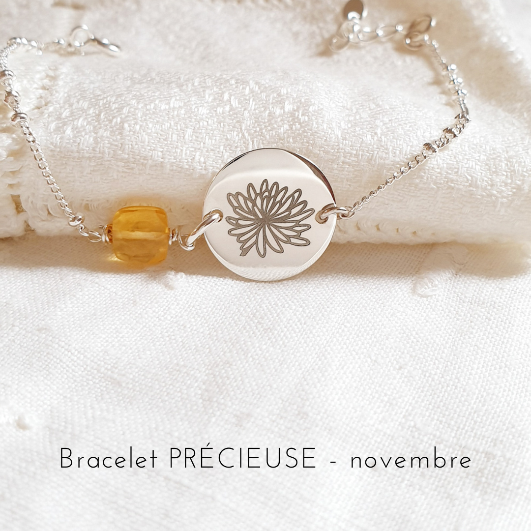 bracelet personnalise pierre et fleur de naissance argent