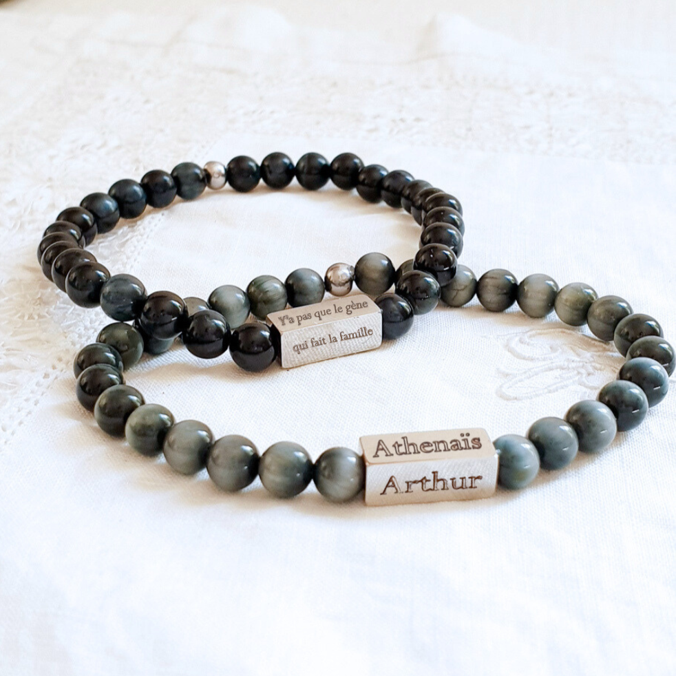 BARATINEUR PIERRE bracelet homme perles pierre naturelle avec tube gravé 4 faces