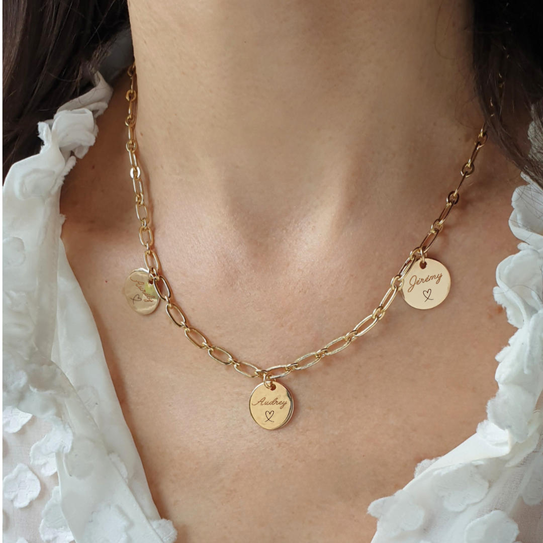 collier personnalise femme medailles prenoms or