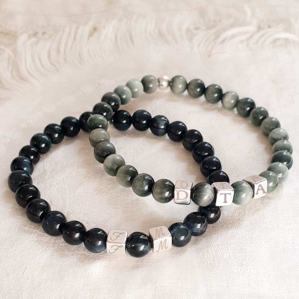 AVENTURIER bracelet homme gravé avec perles bois ou pierre et cubes Argent