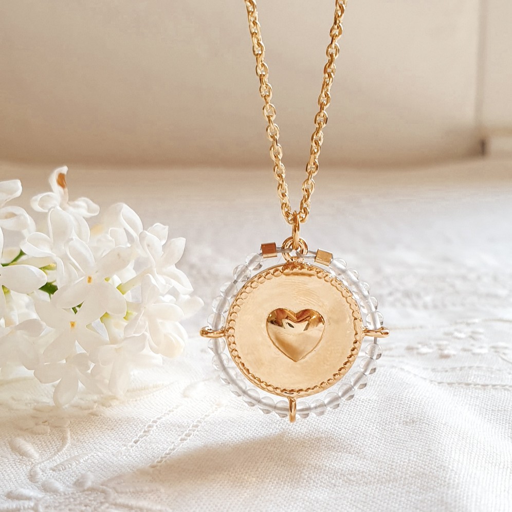 collier coeur or personnalise pierre cristal blanc