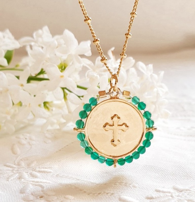 Collier croix personnalisable au verso - Or et pierre de naissance au choix ICONE