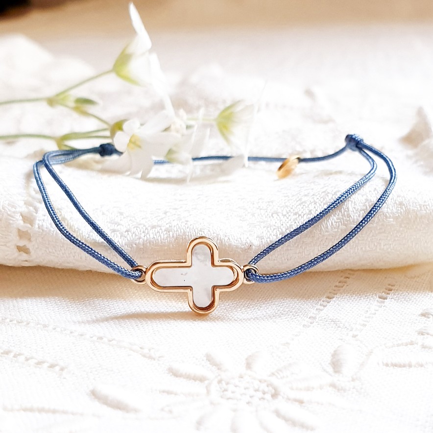 BENIE bracelet croix Or et nacre personnalisable au verso - Cordon au choix