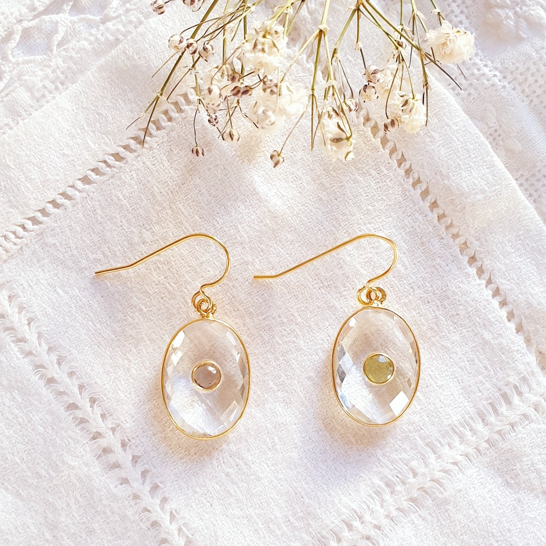 INTRIGANTES boucles d\'oreilles ovales en pierre de cristal de roche