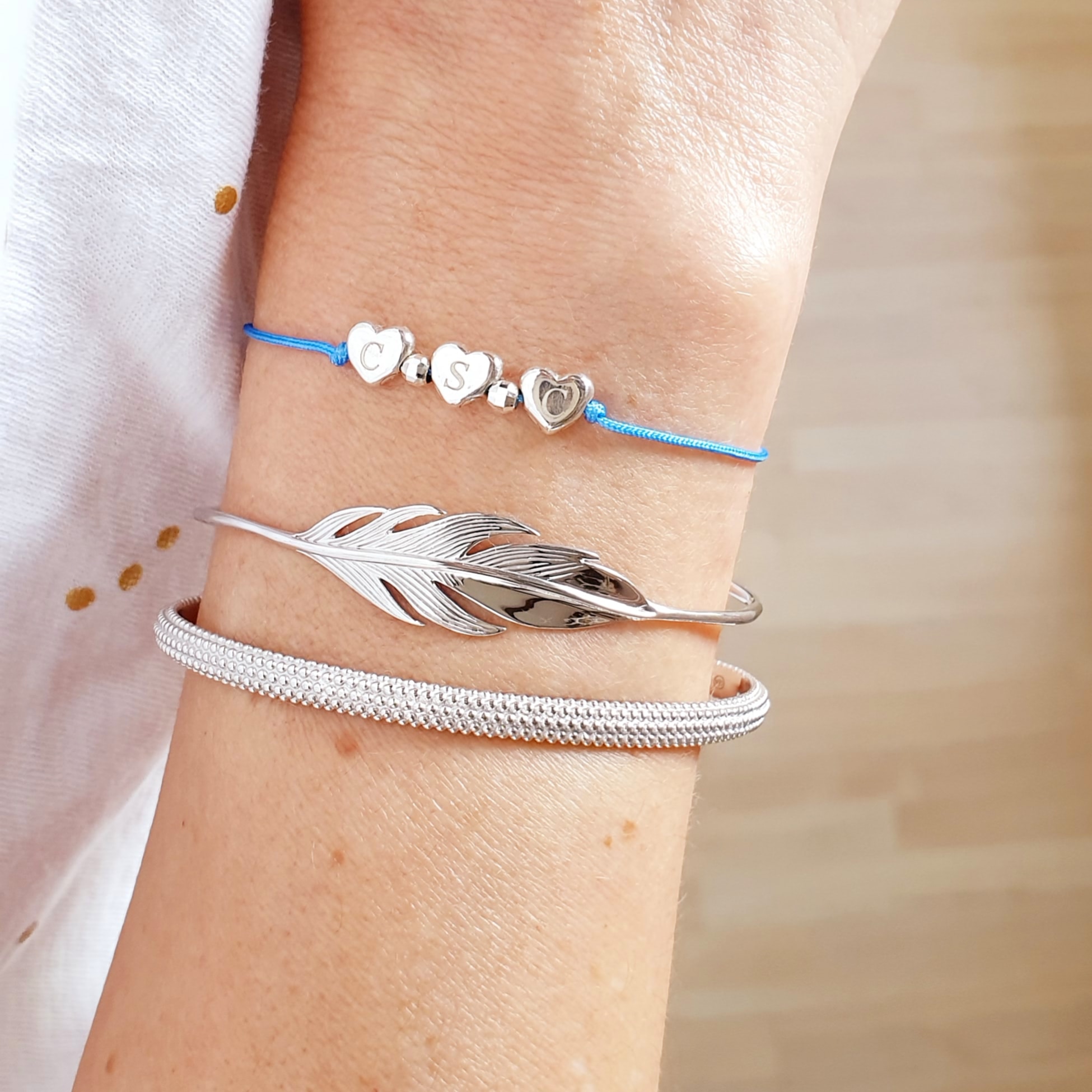 bracelet-femme-argent-coeurs-graves-initiales-enfants