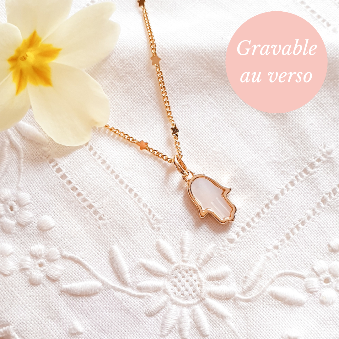 Collier main de fatma personnalisable nacre et or BIENVEILLANTE