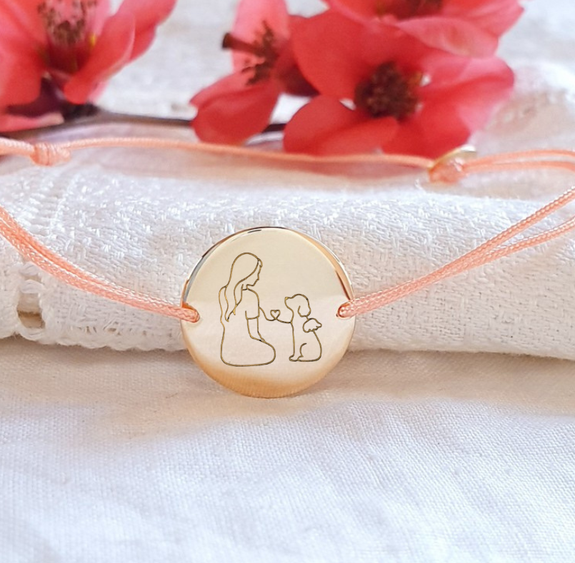 Bracelet cordon médaille personnalisée avec mon animal ADOREE CORDON