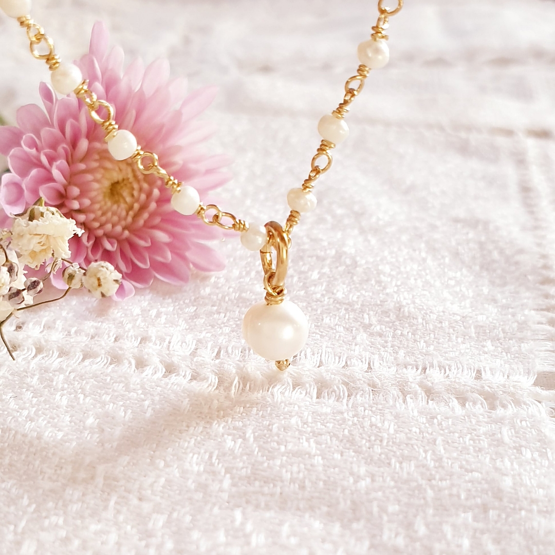 Collier Fil d'Or Nacre - Doré Or Perle Nacre Blanche PM, fil collier perle  